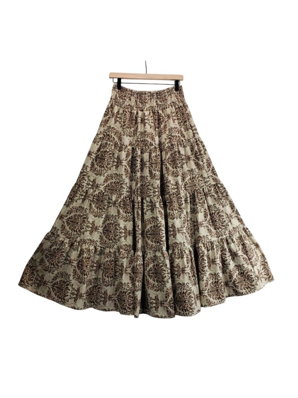 Maxi Boho Tiered Skirt M Shein Beige Brown Damask Print Smocked Elastic Waist - Picture 3 of 12